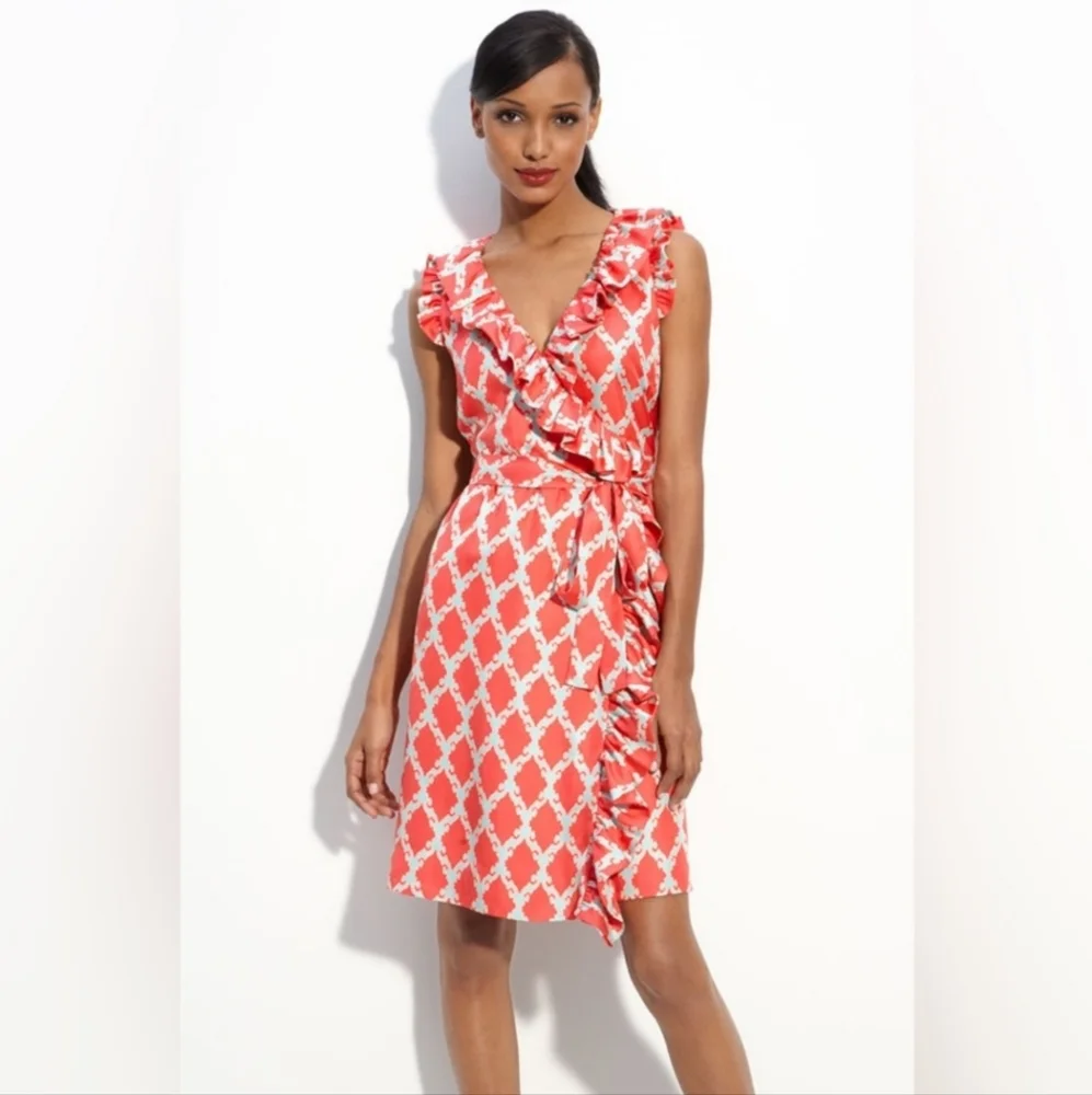 kate spade Coral and White Ruffle Wrap Dress
